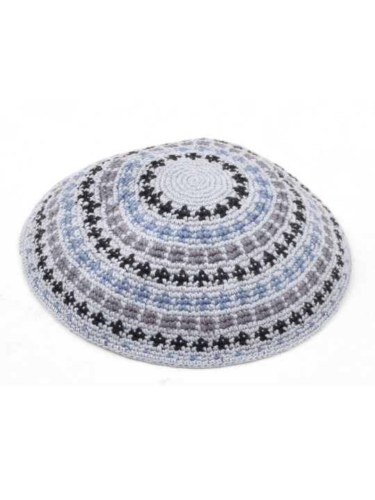Kippa en coton DMC premium tricoté à la main gris et bleu... | Kippa tricotée
