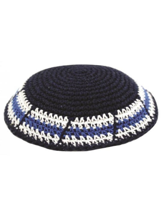 Kippa tricotée bleue avec bordure blanche bleue | Kippa tricotée