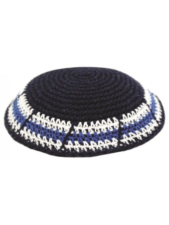 Kippa tricotée bleue avec bordure blanche bleue | Kippa tricotée
