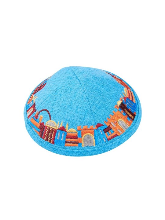 Kippa en tissu turquoise avec bijoux colorés brodés... | Kippa en tissu