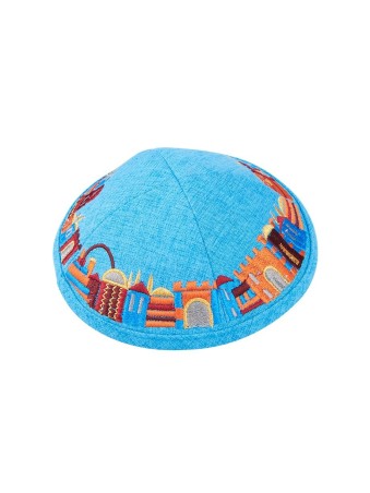Turquoise Fabric Kippah with Embroidered Colorful Je... | Cloth Kippah