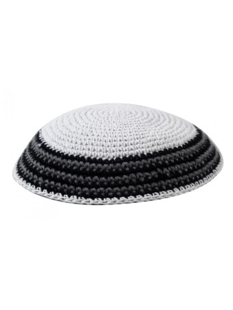 White Knitted Kippah with Thin White and Gray Bord... | Knitted Kippah