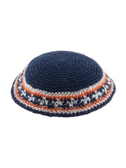 Kippa tricotée bleue avec bordure bleue et orange | Kippa tricotée