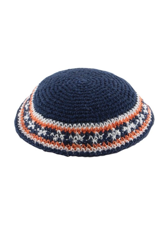 Kippa tricotée bleue avec bordure bleue et orange | Kippa tricotée