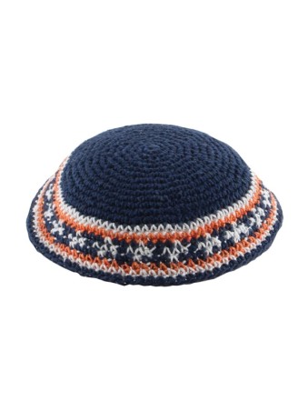 Kippa tricotée bleue avec bordure bleue et orange | Kippa tricotée