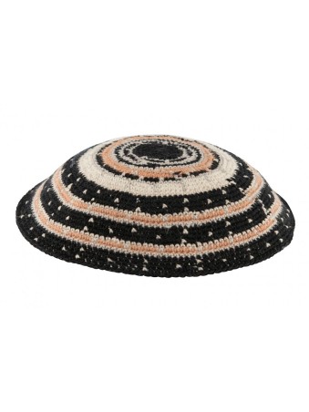 Black DMC Knitted Kippah with white and Beige circ... | Knitted Kippah
