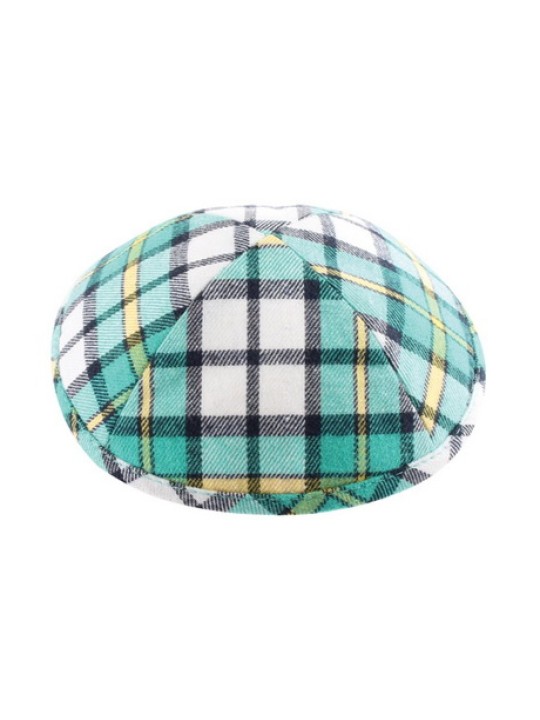 Turquoise Yellow and White Cotton Fabric Kippah Chec... | Linen Kippah