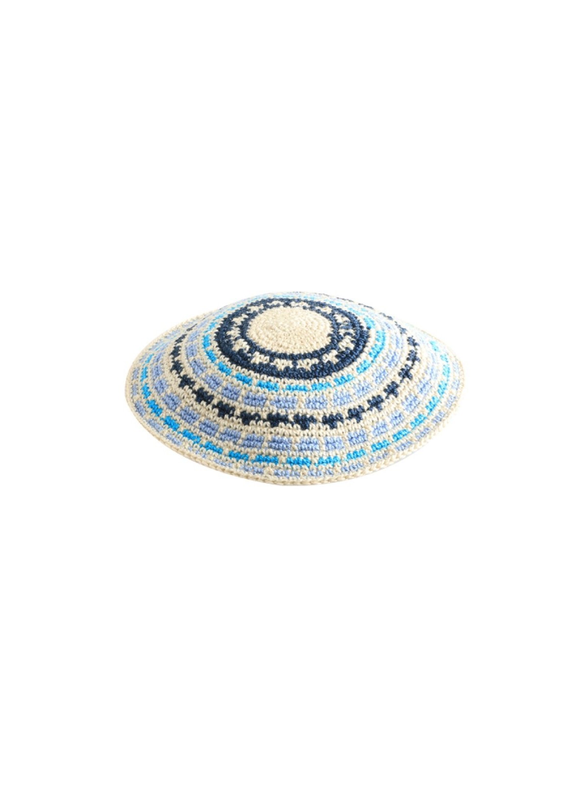 Rayures de bleu Kippa tricoté DMC avec dos blanc... | Kippa tricotée