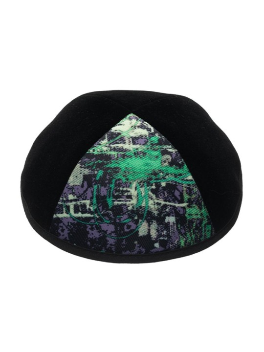 Kippa en velours noir avec panneau design violet vert | Kippa en velours