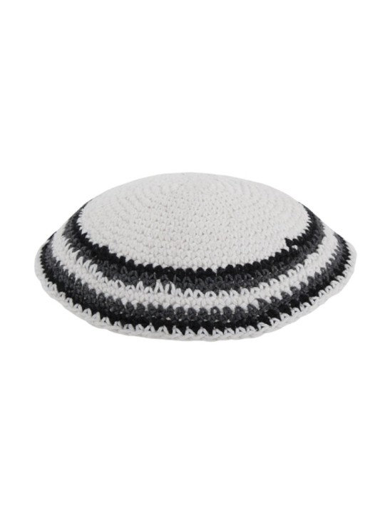 White Knitted Kippah with Gray and Black Striped B... | Knitted Kippah