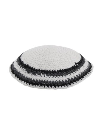 White Knitted Kippah with Gray and Black Striped B... | Knitted Kippah