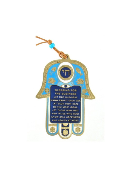 Décoration murale Hamsa bleue avec bénédictions d'affaires anglaises... | Hamsa en métal