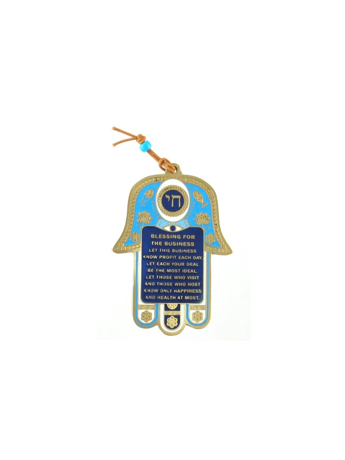 Décoration murale Hamsa bleue avec bénédictions d'affaires anglaises... | Hamsa en métal