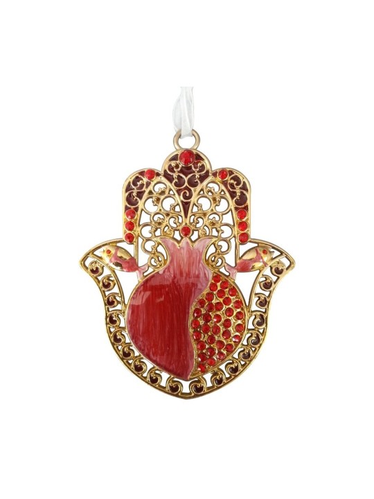 Hamsa Wall Decoration Red Enamel Pomegranate and Crys... | Metal Hamsa