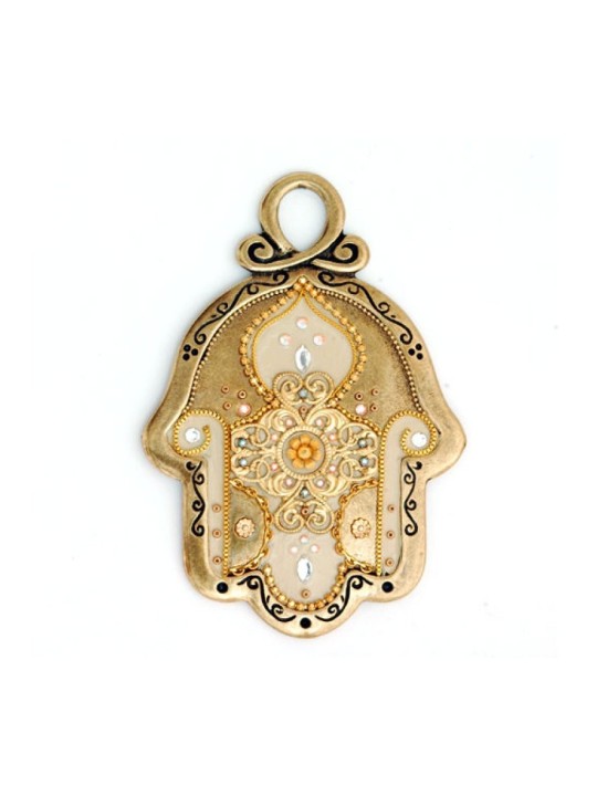 Hamsa mural oriental en étain doré et crème par Ester Sh... | Mains Hamsa