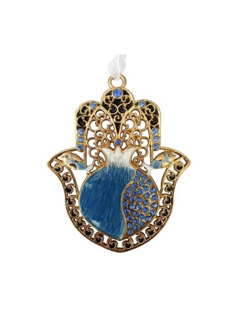 Hamsa with Blue Enamel Pomegranate and Crystals | Metal Hamsa