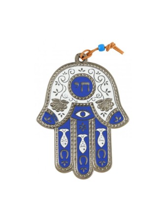 Silver Plated Hamsa Wall Decoration with Chai and Fis... | Metal Hamsa