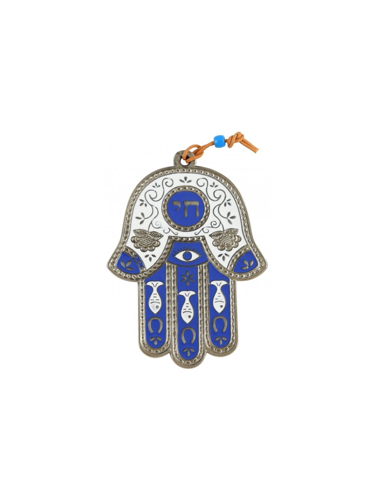 Décoration murale Hamsa plaquée argent avec Chai et Fis... | Hamsa en métal