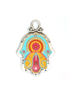 Mur orange rouge et bleu clair Hamsa Ester Shahaf | Hamsa en métal