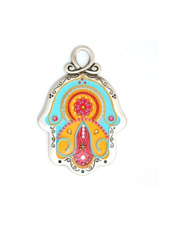 Mur orange rouge et bleu clair Hamsa Ester Shahaf | Hamsa en métal
