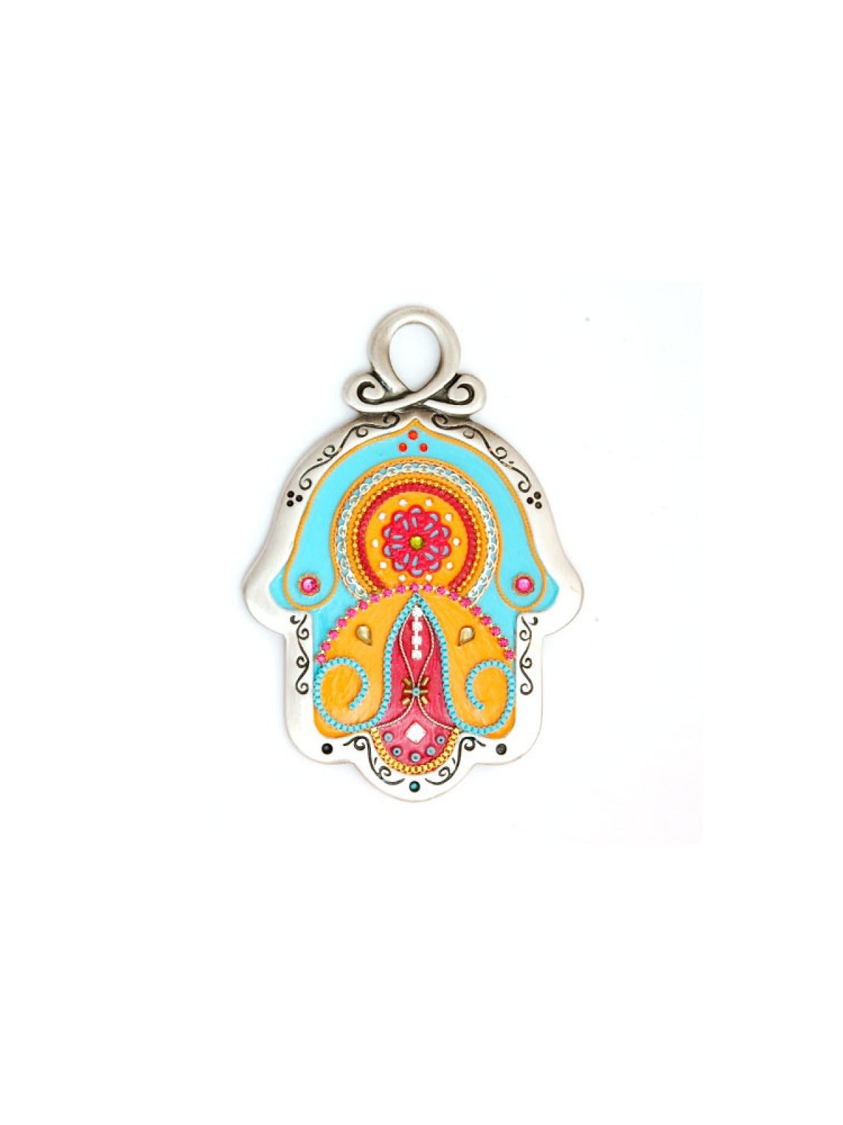 Mur orange rouge et bleu clair Hamsa Ester Shahaf | Hamsa en métal