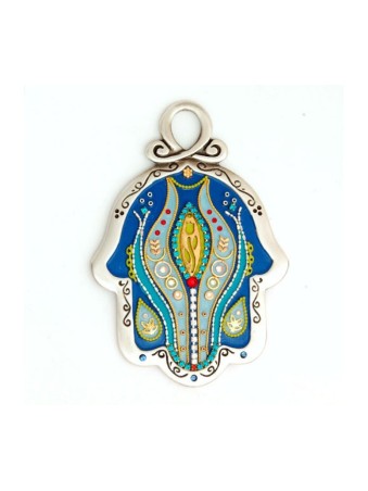 Hamsa mural design fleur bleu gris par Ester Shahaf | Hamsa en métal