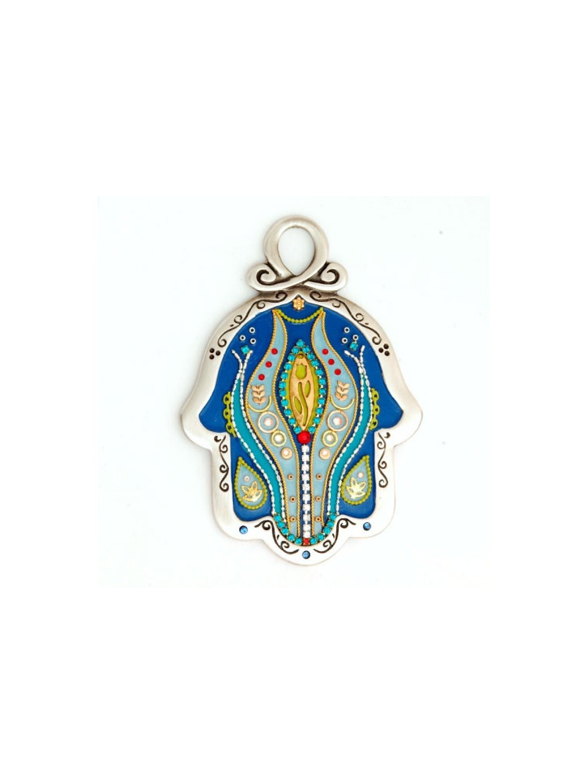 Hamsa mural design fleur bleu gris par Ester Shahaf | Hamsa en métal