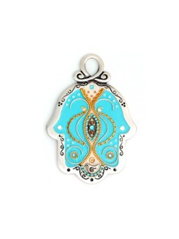 Mur en étain bleu bébé Hamsa Ester Shahaf | Hamsa en métal