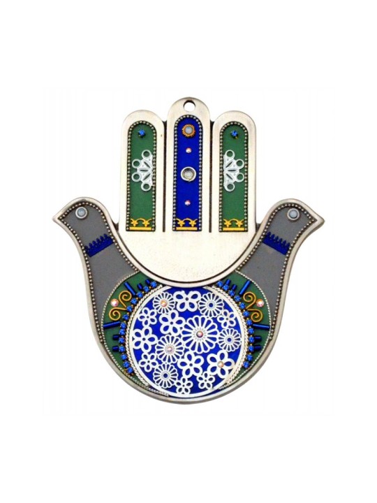 Hamsa fleur en étain gris bleu par Ester Shahaf | Hamsa en métal