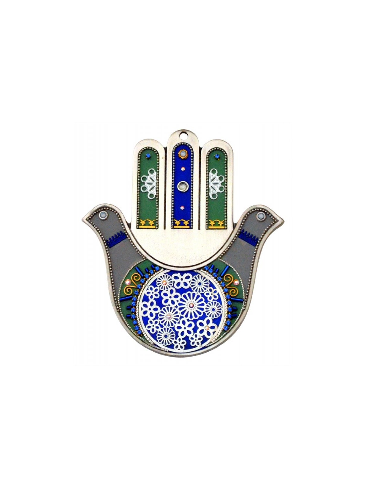 Blue Gray Pewter Flower Hamsa by Ester Shahaf | Metal Hamsa
