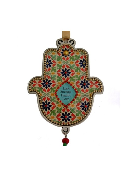 Iris Design Hamsa Wall Plaque Beaded Flowers with Ble... | Hamsa Hands