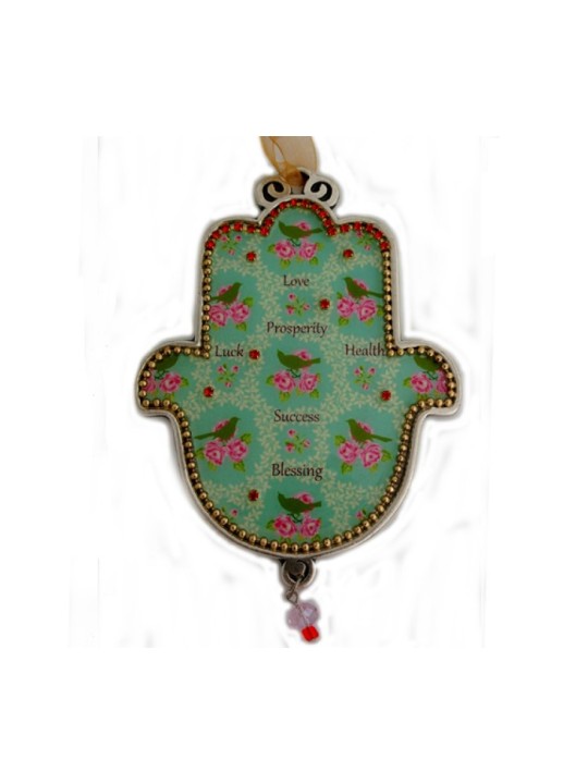 Iris Design Hamsa Plaque murale perlée roses et oiseaux... | Mains Hamsa