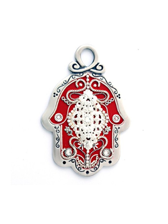 Hamsa de mur rouge oriental de Ester Shahaf | Hamsa en métal