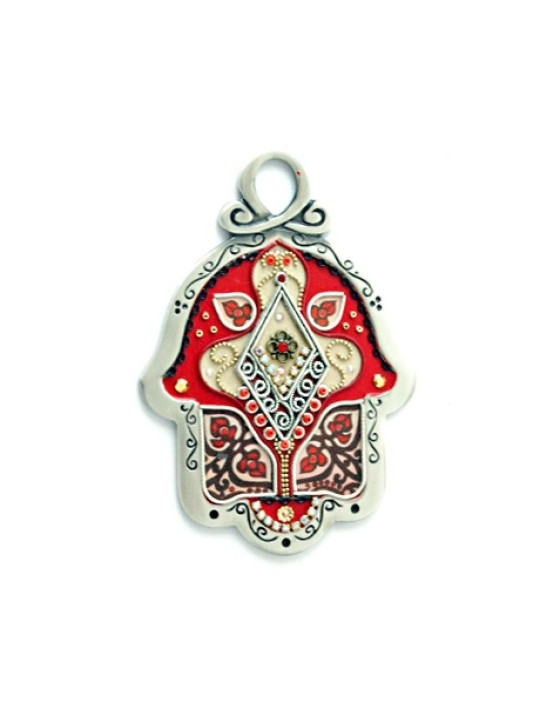 Red Cream Flower Design Wall Hamsa by Ester Shahaf | Metal Hamsa