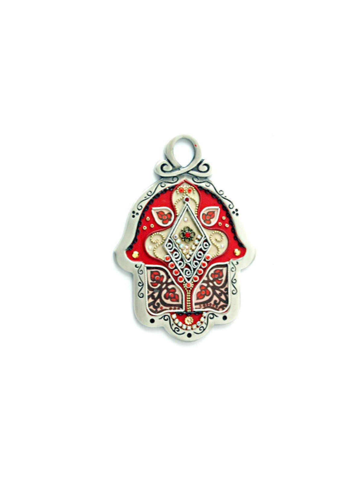 Hamsa mural design fleur rouge crème par Ester Shahaf | Hamsa en métal