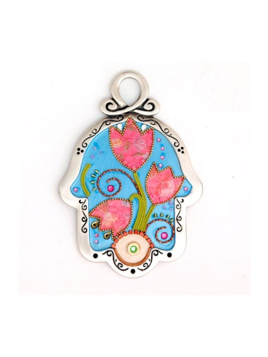 Hamsa mural tulipe rose par Ester Shahaf | Hamsa en métal