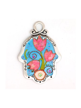 Pink Tulip Wall Hamsa by Ester Shahaf | Metal Hamsa
