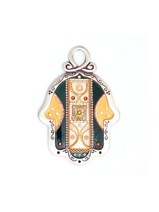 Gold Color and Green Wall Hamsa by Ester Shahaf | Metal Hamsa