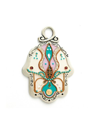 Hamsa mural blanc rose et vert de Ester Shahaf | Hamsa en métal