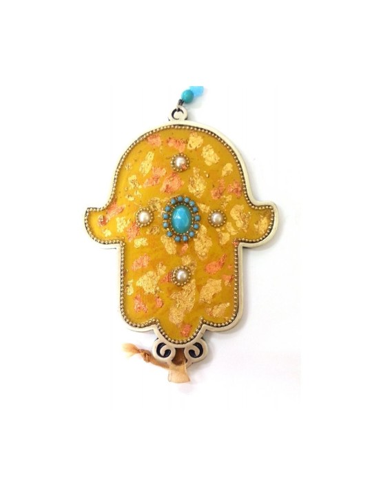 Iris Design Hand Painted Wall Hamsa Leaf Design on Go... | Metal Hamsa