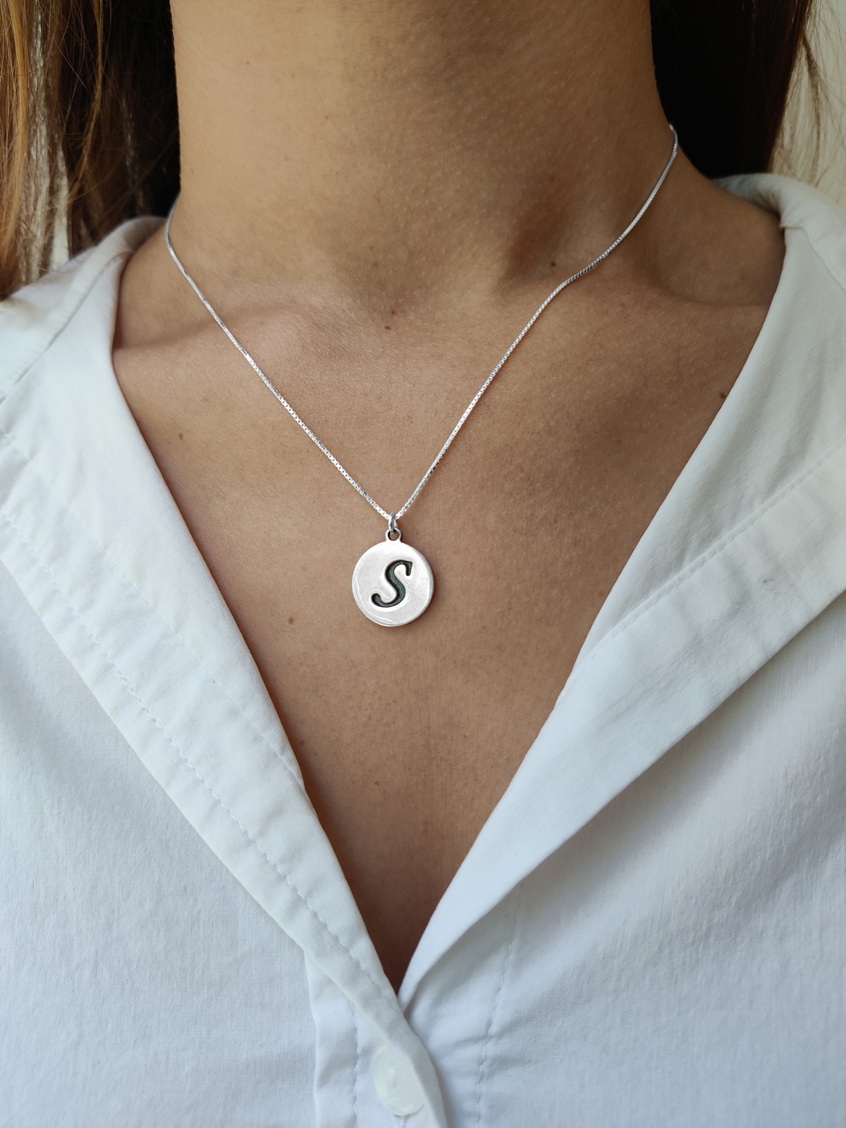 Modern Rounded Initial Enameled Pendant , Sterling Silver Name Necklac