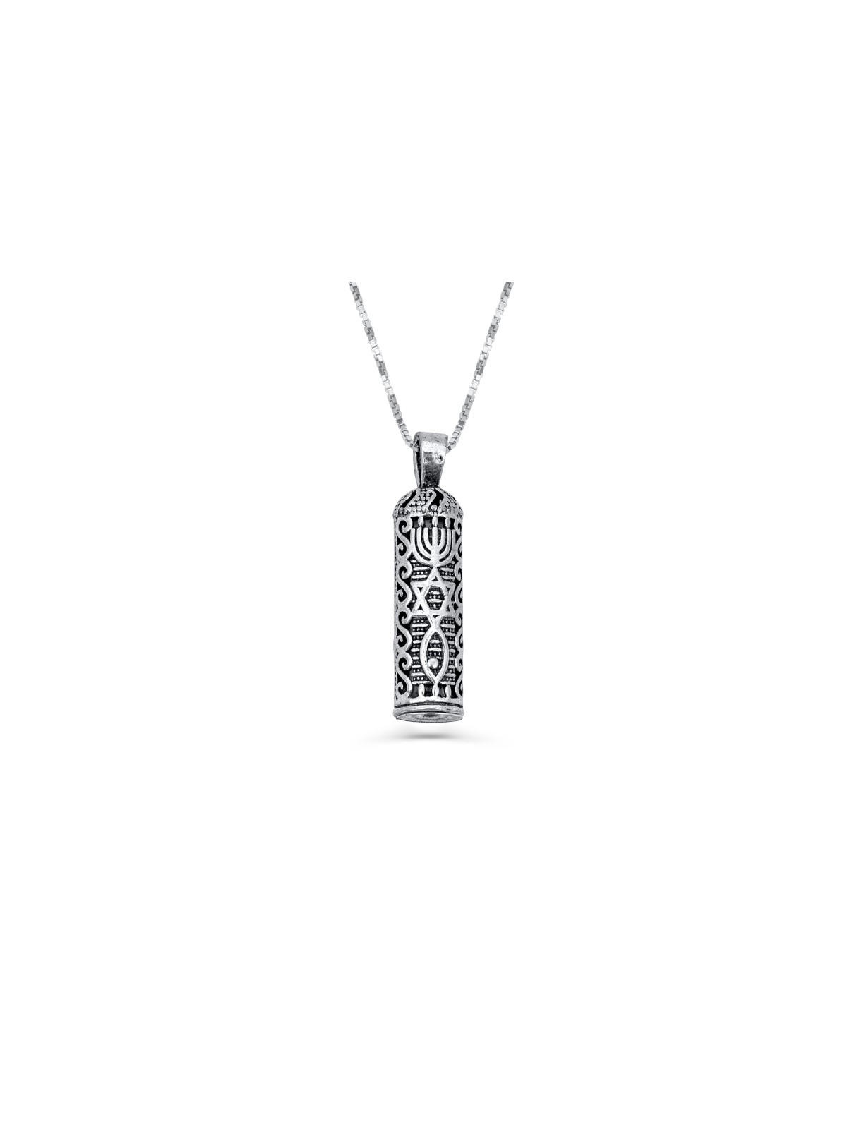 Mezuzah Silver Pendant with Symbols from Judaism , Sterling Silver Fam