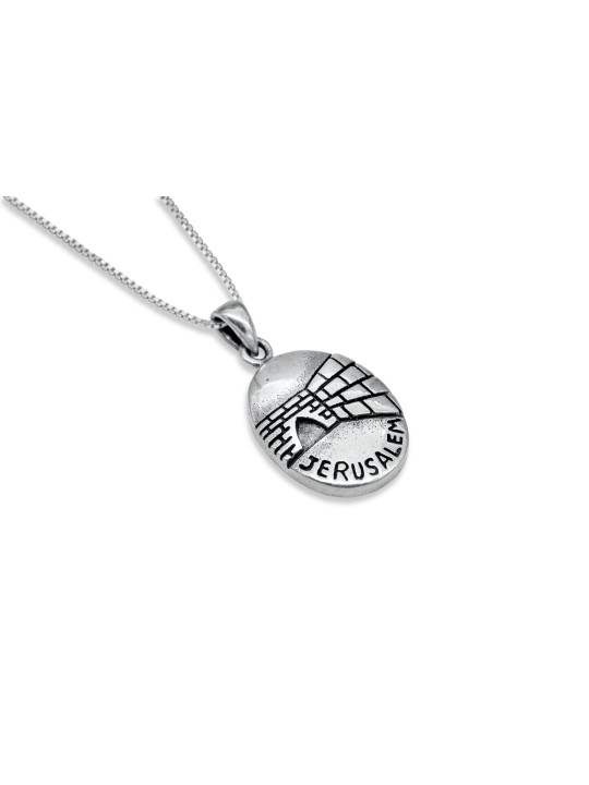 Egg Shaped Silver Pendant with Jerusalem Elements , Jerusalem Jewelry