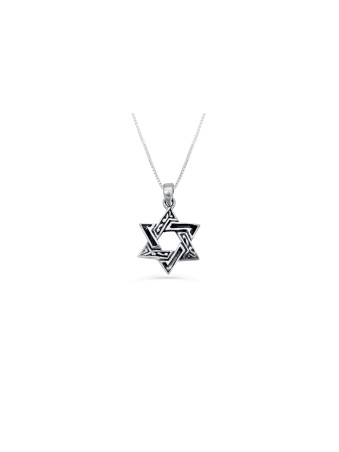 Collier Magen David décoré en argent de taille moyenne, argent sterling F