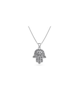 Decorated Silver Hamsa and Evil Eye Pendant , Sterling Silver Family N