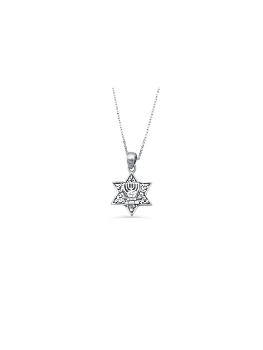 Magen David and Menorah Silver Pendant , Sterling Silver Family Neckla