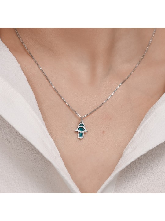 Petit collier de charme Hamsa en argent sterling avec Ena , Bijoux Hamsa , I