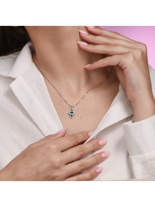 Petit collier de charme Hamsa en argent sterling avec Ena , Bijoux Hamsa , I