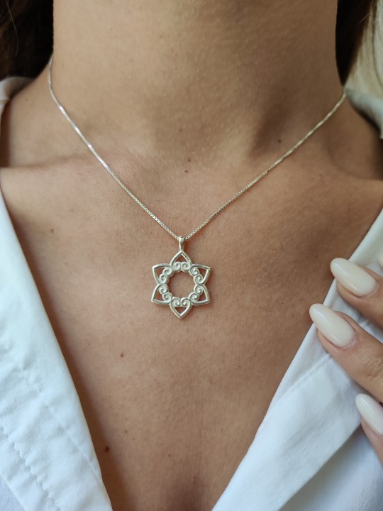 Small Swirly Magen David Pendant with Hearts , Sterling Silver Family