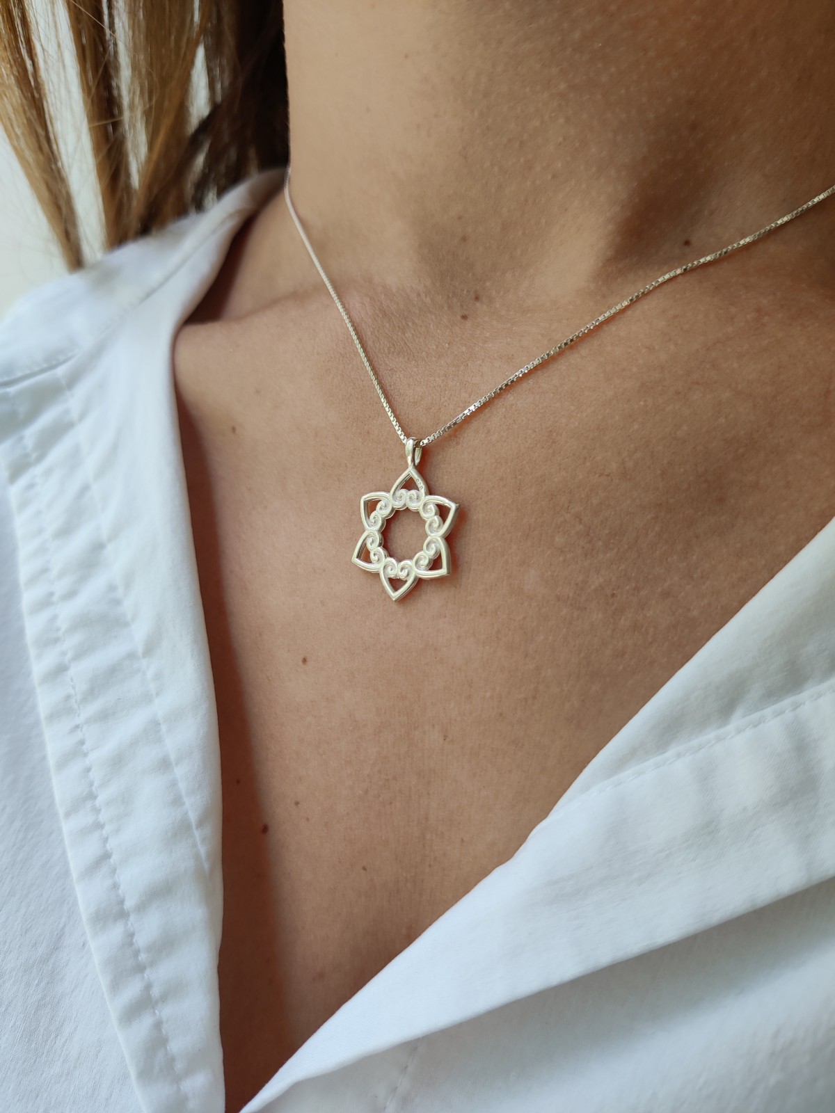 Small Swirly Magen David Pendant with Hearts , Sterling Silver Family